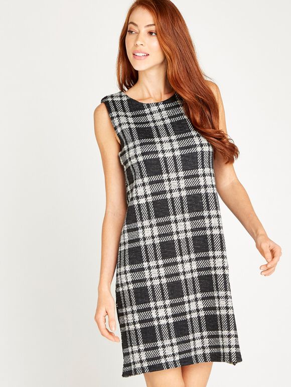 Plaid Sleeveless Shift Dress, Black, large