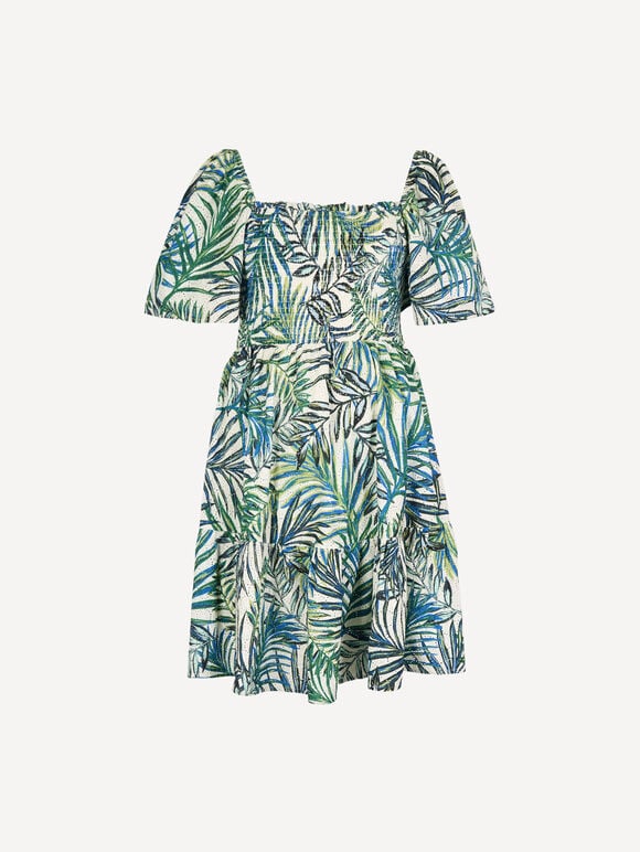 Palm Print Cotton Broderie Mini Dress, White, large