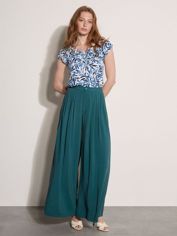 Leaf Print Tulip Sleeve Top, Blue, large