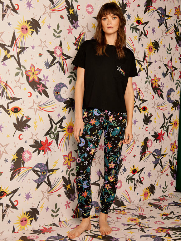 Colourful Print Pyjamas Trousers, Black, large