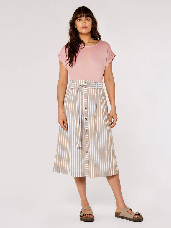 Striped Button Midi Skirt, Stone, large