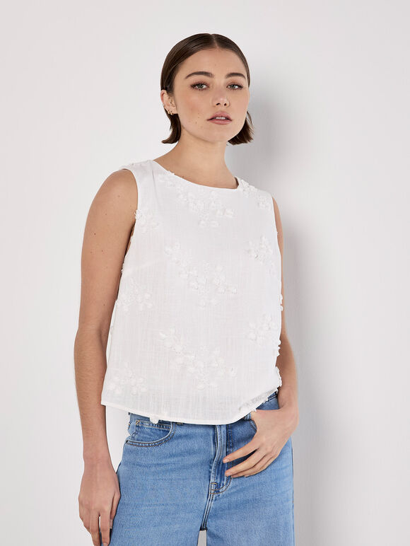 Floral Embroidered Shell Top, White, large