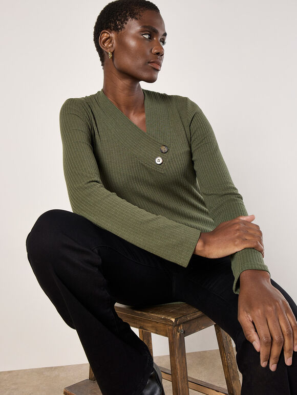 Wrap Hem Ribbed Tunic Top, Khaki, large
