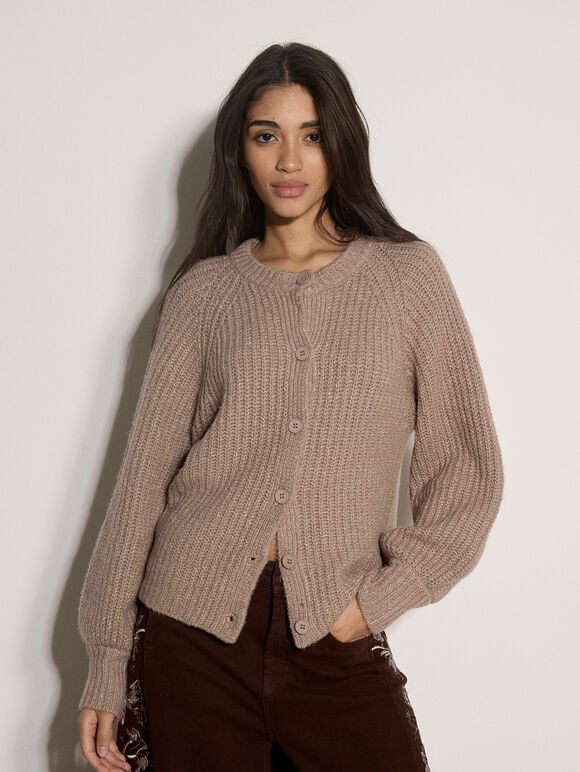 Cotton-Blend Chunky Ribbed Knit Cardigan, Mocha, large