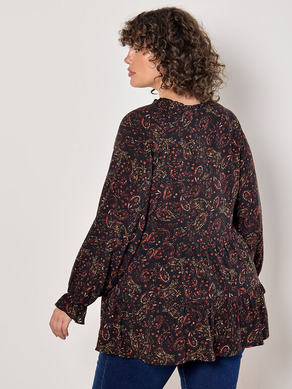 Curve Painterly Paisley Peplum Hem Top, Black, large