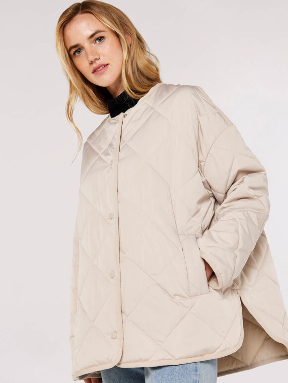 Collarless Quilted Jacket, Stone, large