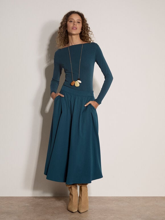 Brushed Twill A-Line Midi Skirt, Teal, large