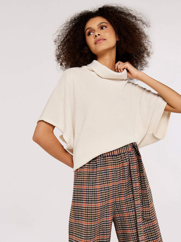 Roll Neck Ribbed Cape, Stone, large
