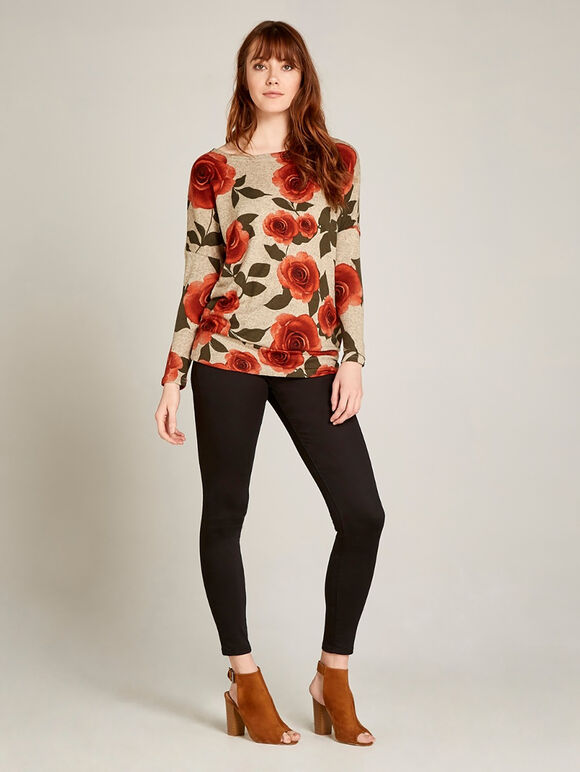 Coral Graphic Rose Print Oversize Top, Coral, large