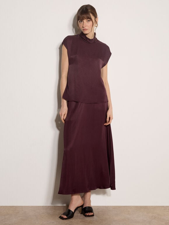 Purple satin mock neck blouse and midi skirt set, , large