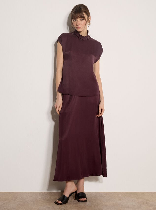Soft Satin Mock Neck Top, Purple, large