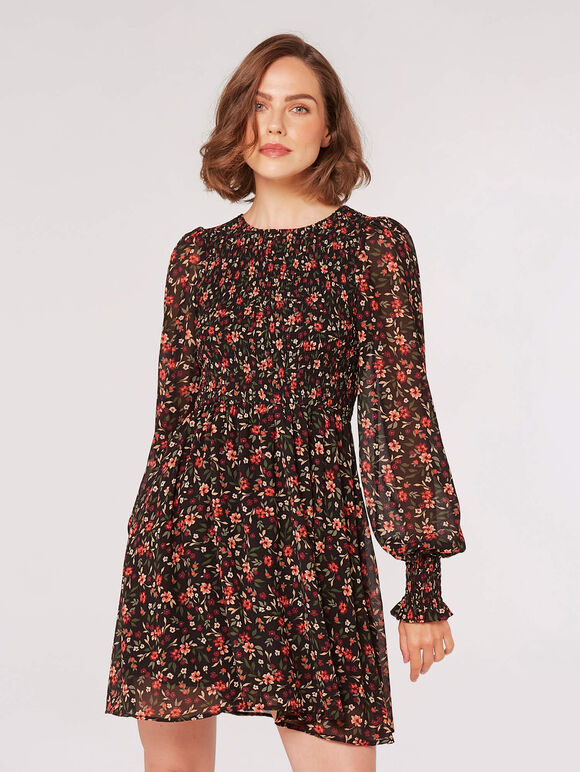 Ditsy Floral Smocked Mini Dress, Burgundy, large