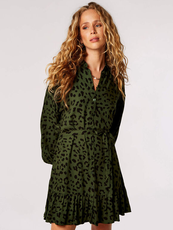 Leopard Print Shirt Mini Dress, Green, large