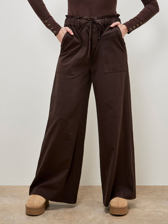 Paper Bag Waist Wide Leg Trousers, Brown, large