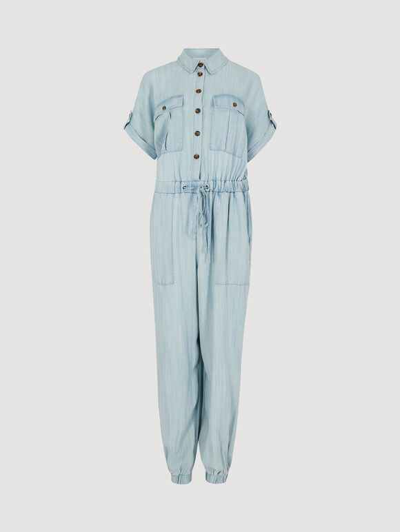 Light Denim Utility Jumpsuit, Sky Blue, large