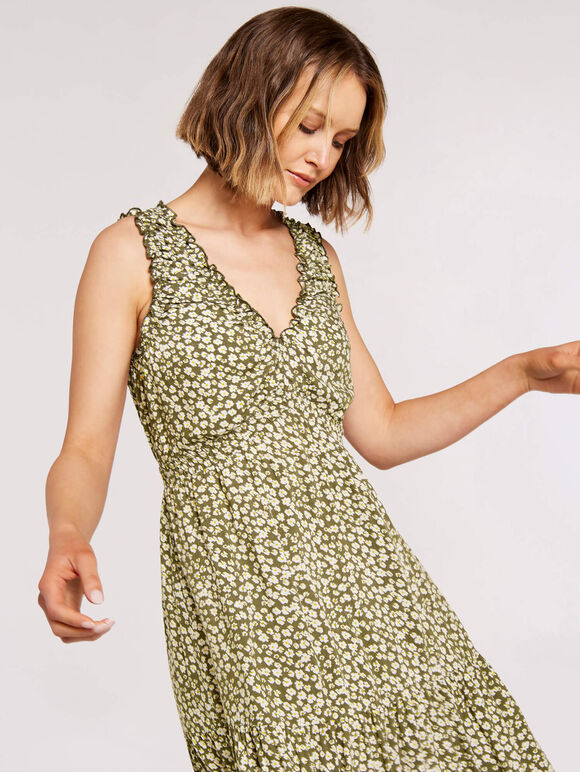 Daisy Print Tiered Midi Dress, Khaki, large