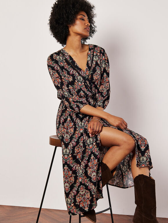 Ornate Paisley Wrap Midi Dress, Black, large