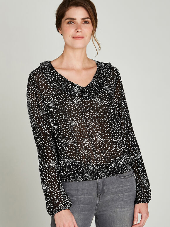 Star Print Ruffle Detail Blouse, Black, large