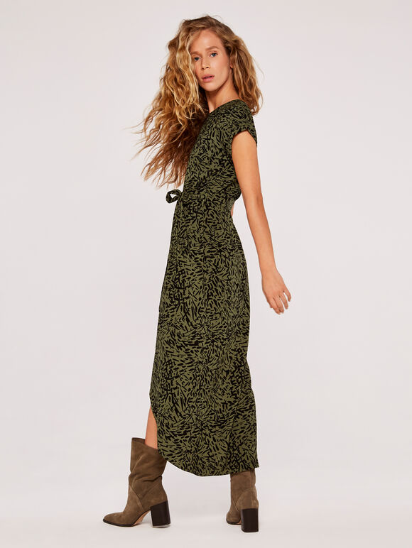 Abstract Print Crepe Wrap Dress, Khaki, large