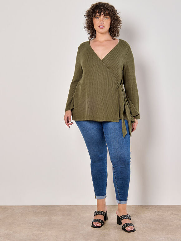 Curve Waffle Knit Wrap Top, Khaki, large