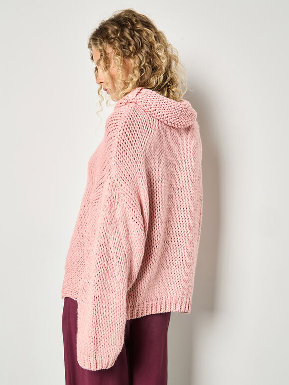 Chunky Knit Roll Neck Oversized Jumper, Pink, large