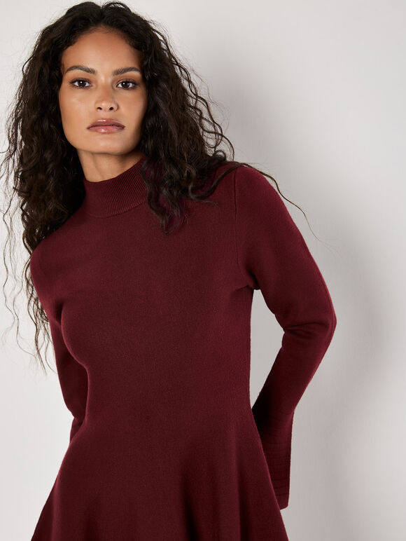 Bell Sleeve Knitted Skater Mini Dress, Burgundy, large