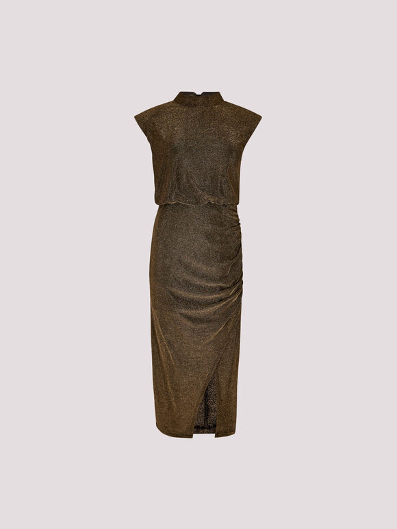 Sparkle Ruched Bodycon Midi Dress, Yellow, large