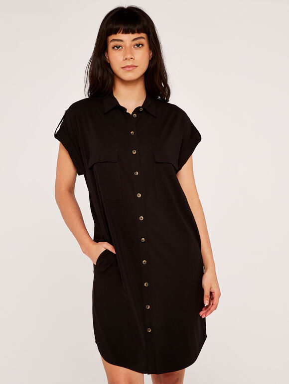 Sleeveless Utility Shirt Dress, Black, large