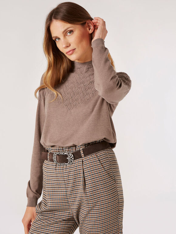 Pointelle Shell Fine Knit Jumper, Brown, large
