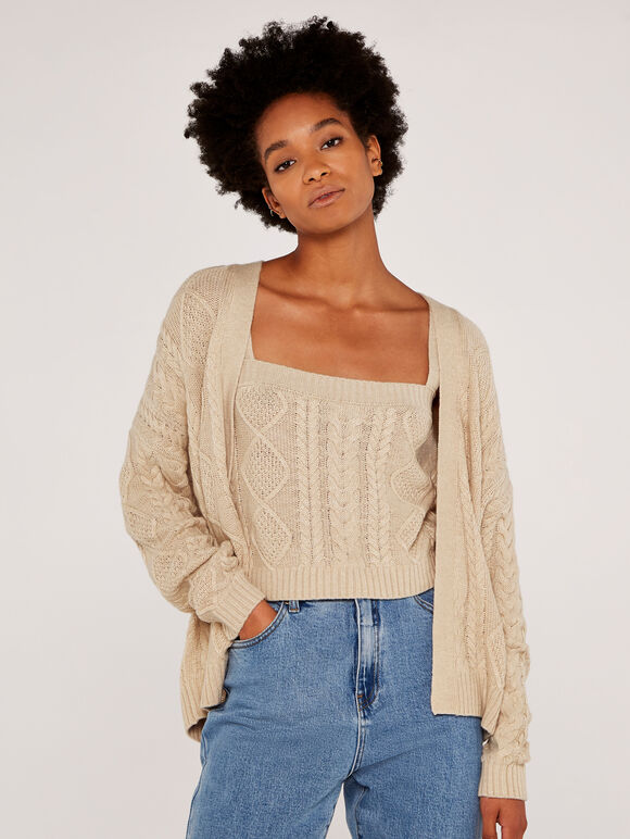 Cable Knit Cardigan, Stone, large