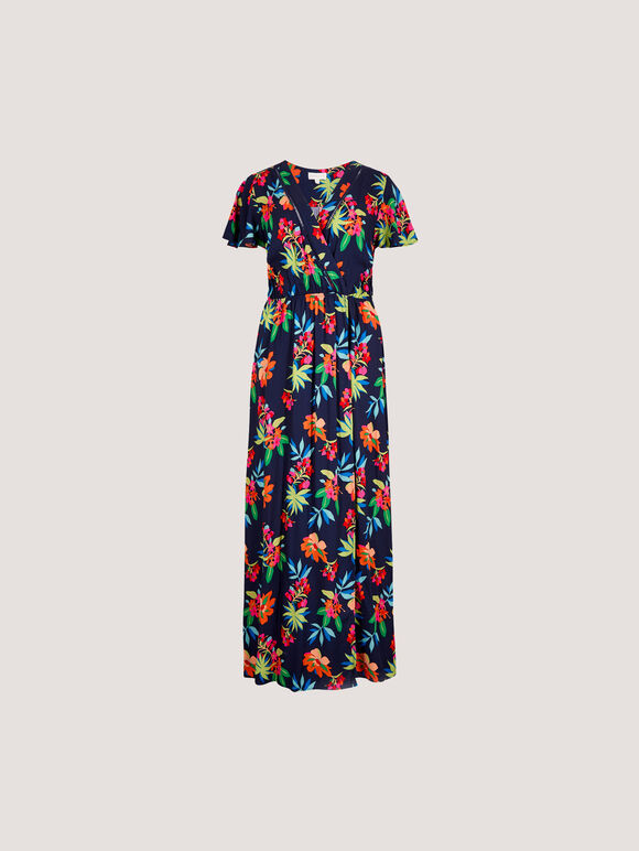 Tropical Print Wrap Maxi Dress, Navy, large