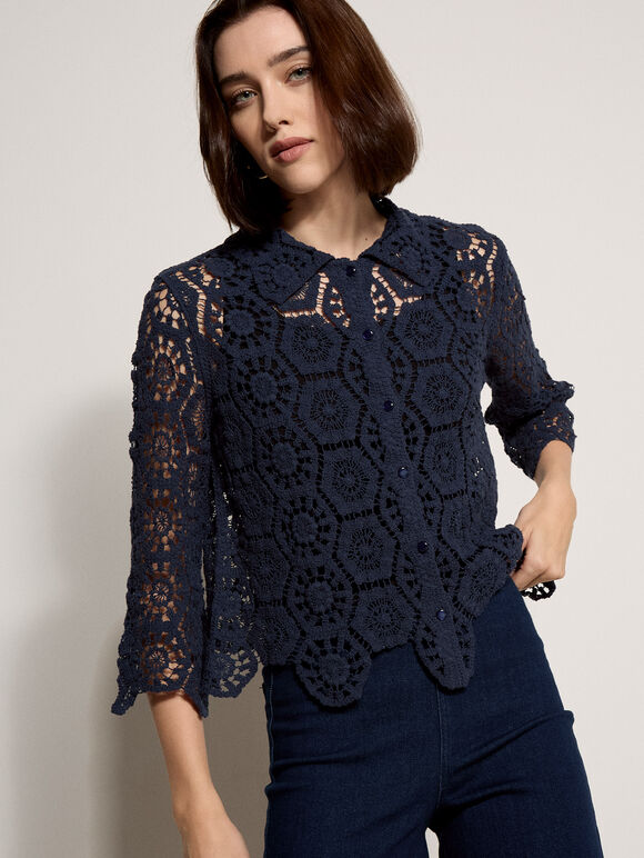 Geometric Cotton Crochet Shirt, Navy, large