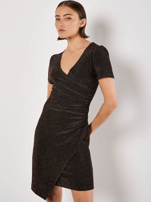 Metallic Bodycon Wrap Mini Dress, Brown, large