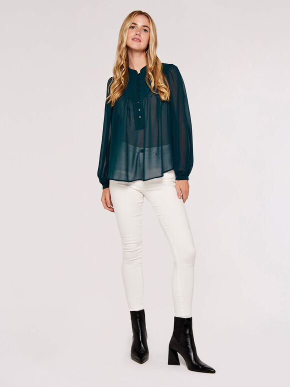 Layered V Neck  Blouse, Green, large