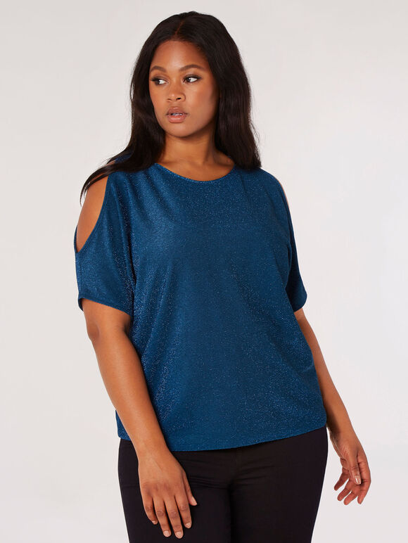 Curve Sparkle Cold Shoulder Top, Teal, large
