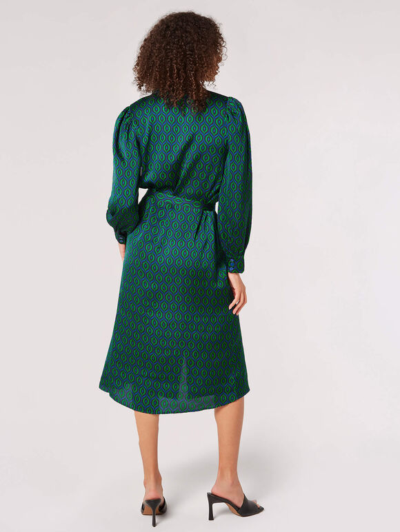 Geometric Satin Shirt Midi Dress, Blue, large