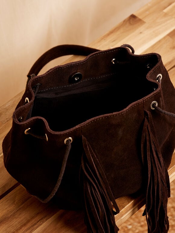 Fringe Suede Bag, Brown, large
