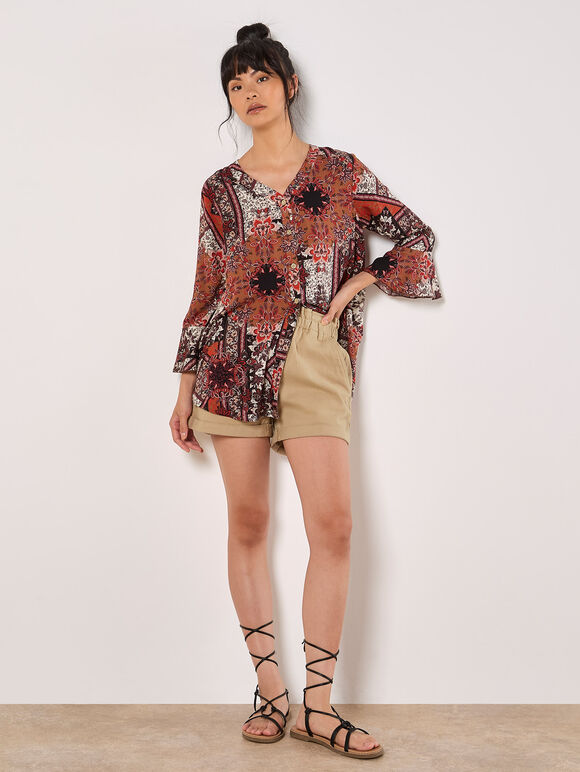 Patchwork Scarf Print Blouse, Orange, large
