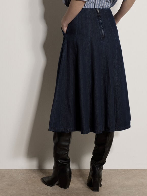Denim Flare Midi Skirt, Navy, large