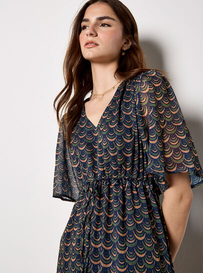 Gold foil Scallop Chiffon Maxi Dress