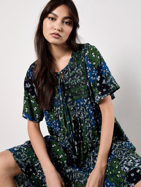 Patchwork Print Crinkle Mini Dress, Navy, large