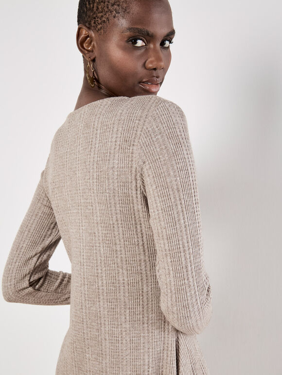 Waffle Knit Swing Mini Dress, Stone, large