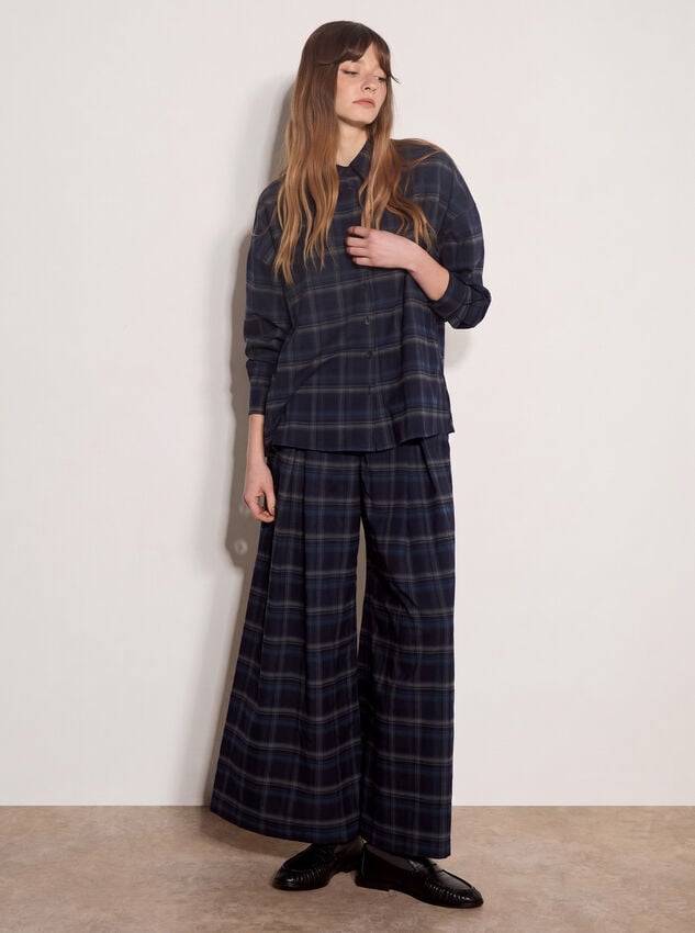 Oversized Check Print Shirt, Navy, large