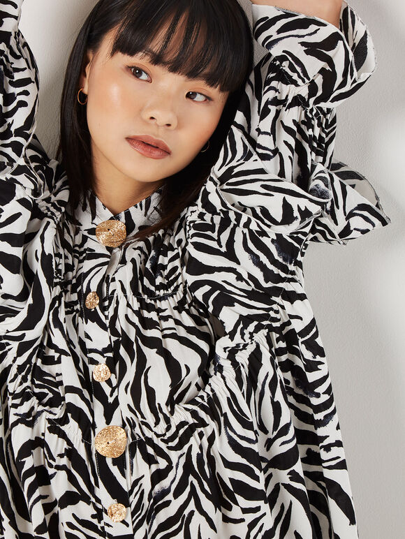 Zebra Oversized Tiered Mini Dress, Black, large
