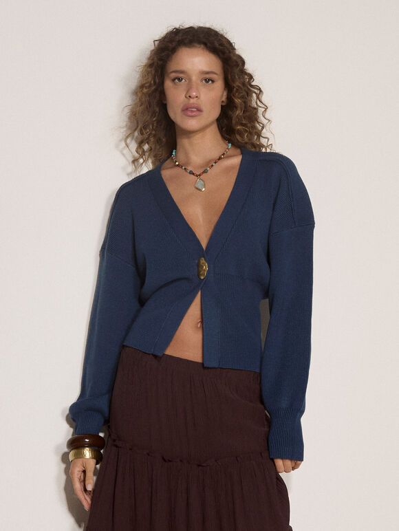 Ribbed Knit Hammered Button Cardigan, Teal, large