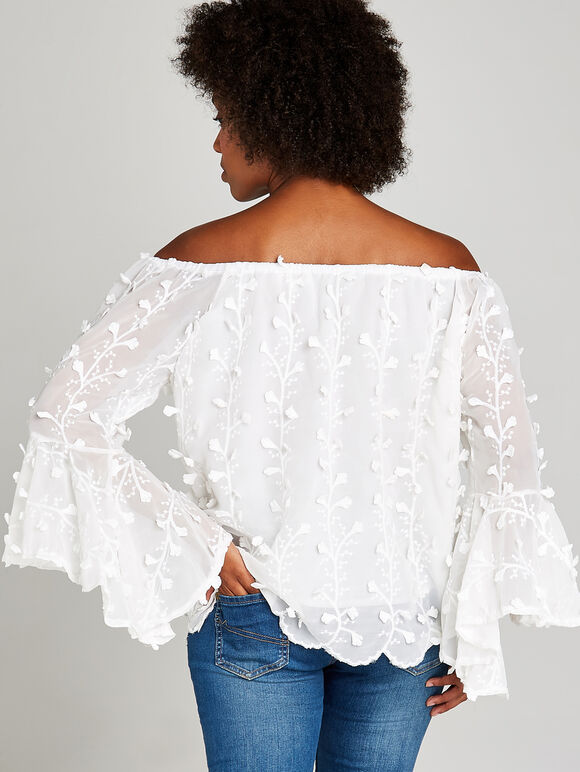 Floral Vine Embroidered Bardot Top, Cream, large