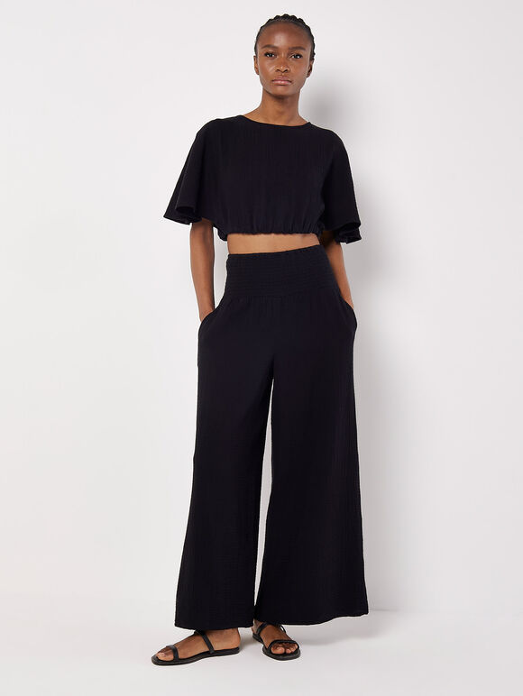 Textured Cotton Crop Top, Black, large