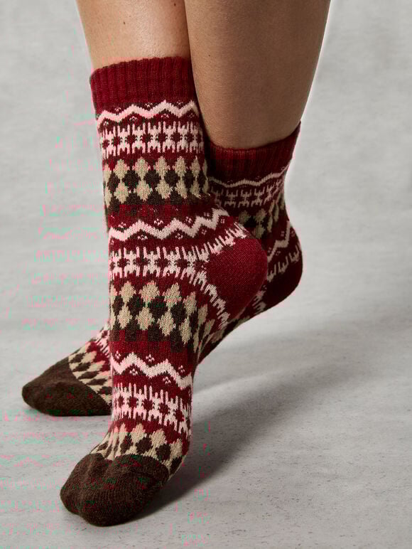 Fairisle Patterned Socks, Red, large