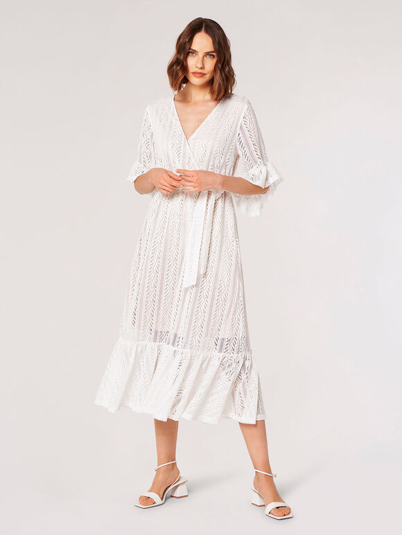 Lace Ruffle Wrap Midi Dress, Cream, large