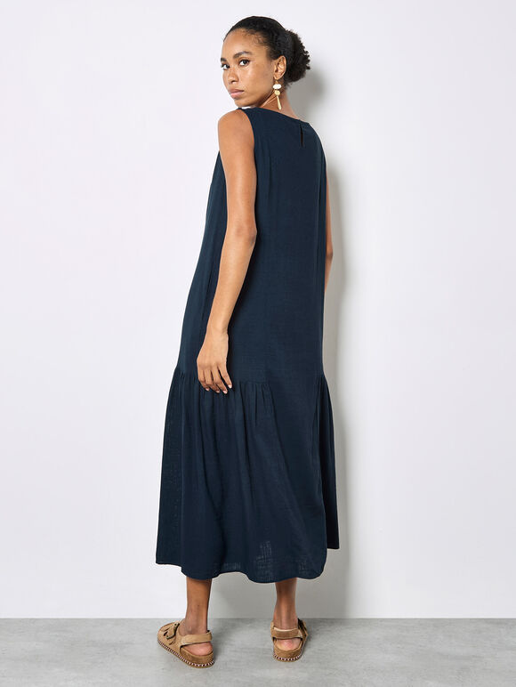 Pleat Detail Trapeze Midi Dress, Navy, large